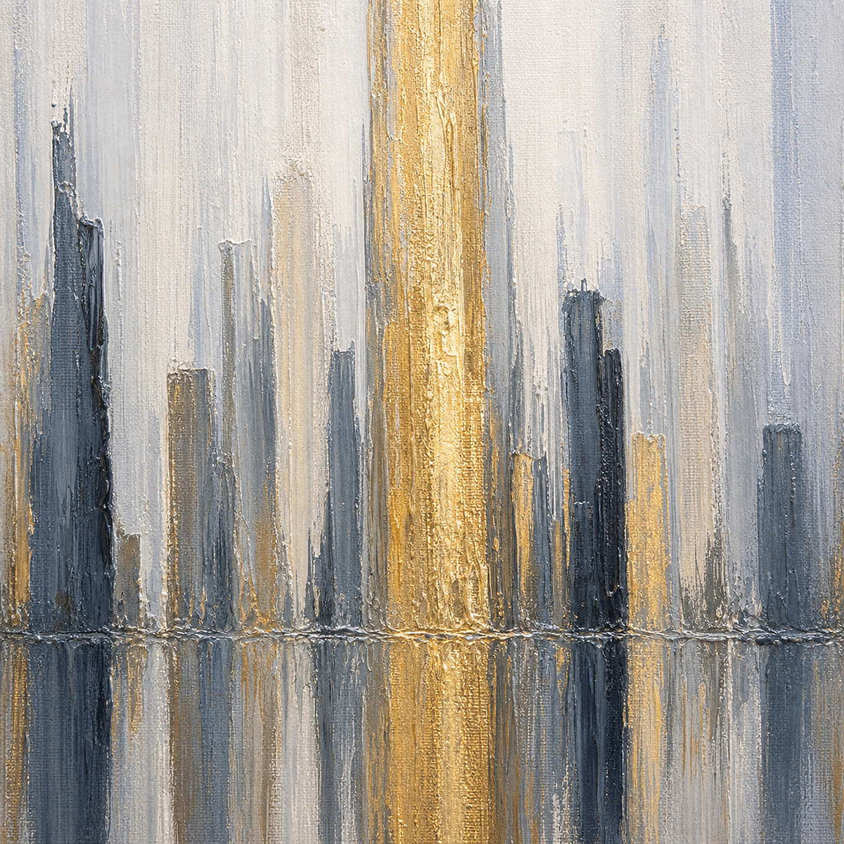 Close-up of raised hand-painted blue-grey and metallic-gold cityscape texture.