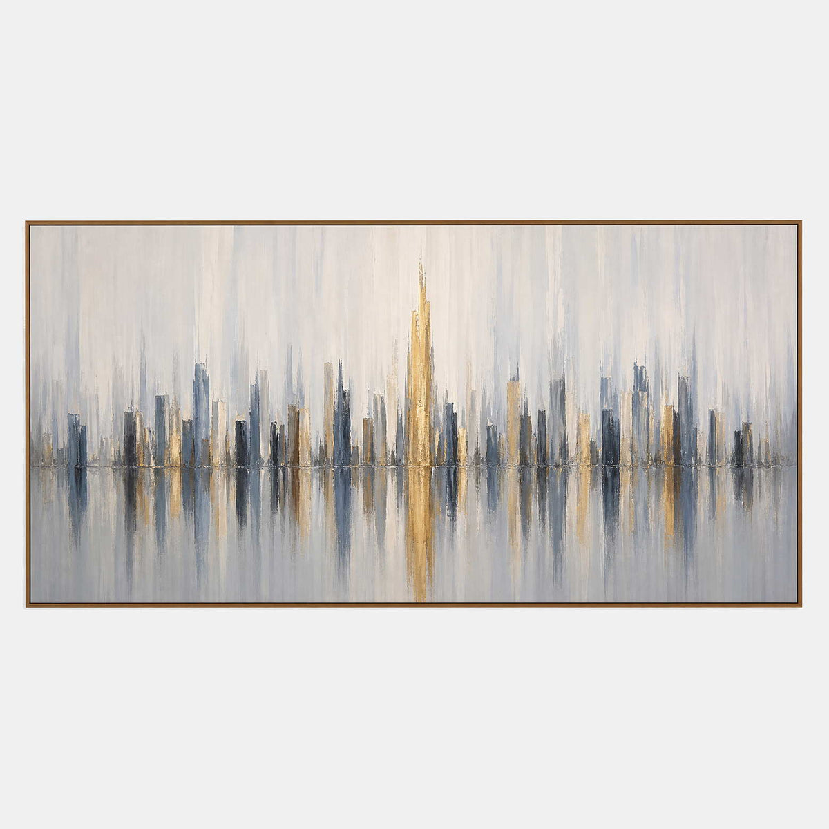Hand-painted panoramic cityscape wall art in blue-grey, pale neutral, and metallic gold.