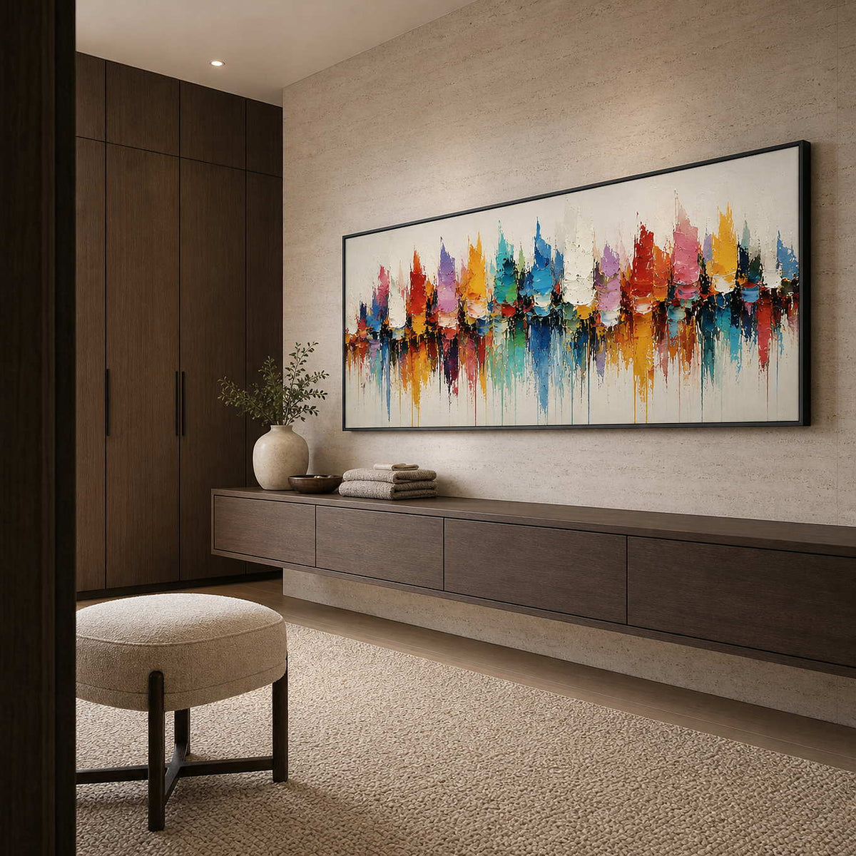 Textured Cityscape Wall Art displayed in a refined bathroom.