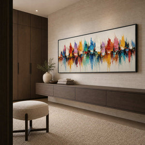 Textured Cityscape Wall Art displayed in a refined bathroom.