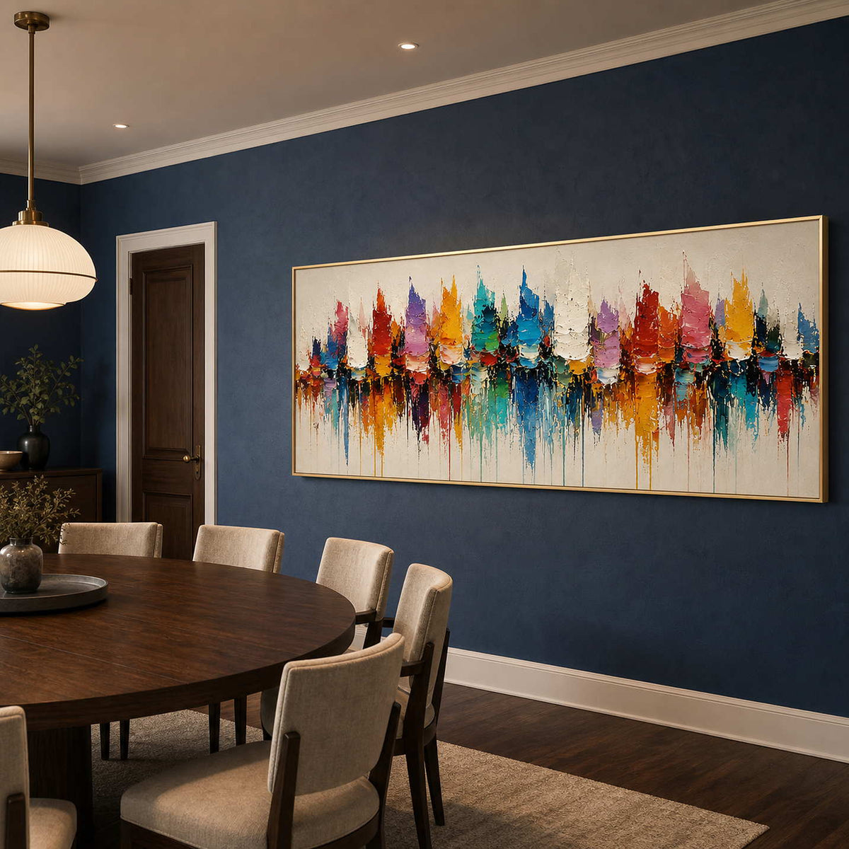 Textured Cityscape Wall Art displayed in a refined dining room.