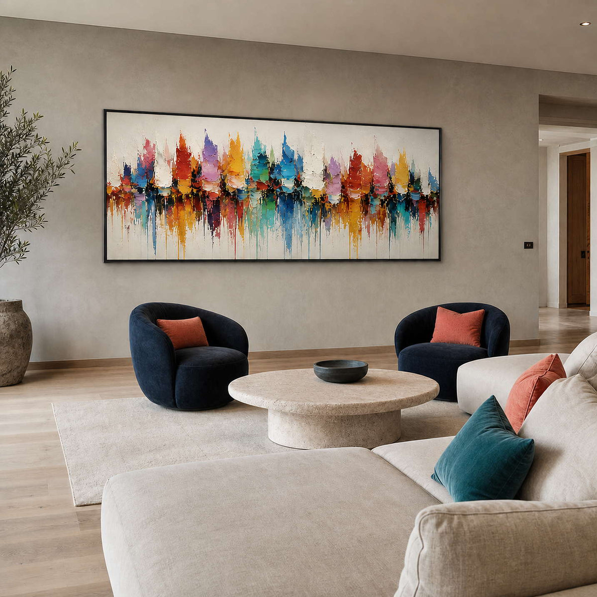 Textured Cityscape Wall Art displayed in a refined living room.
