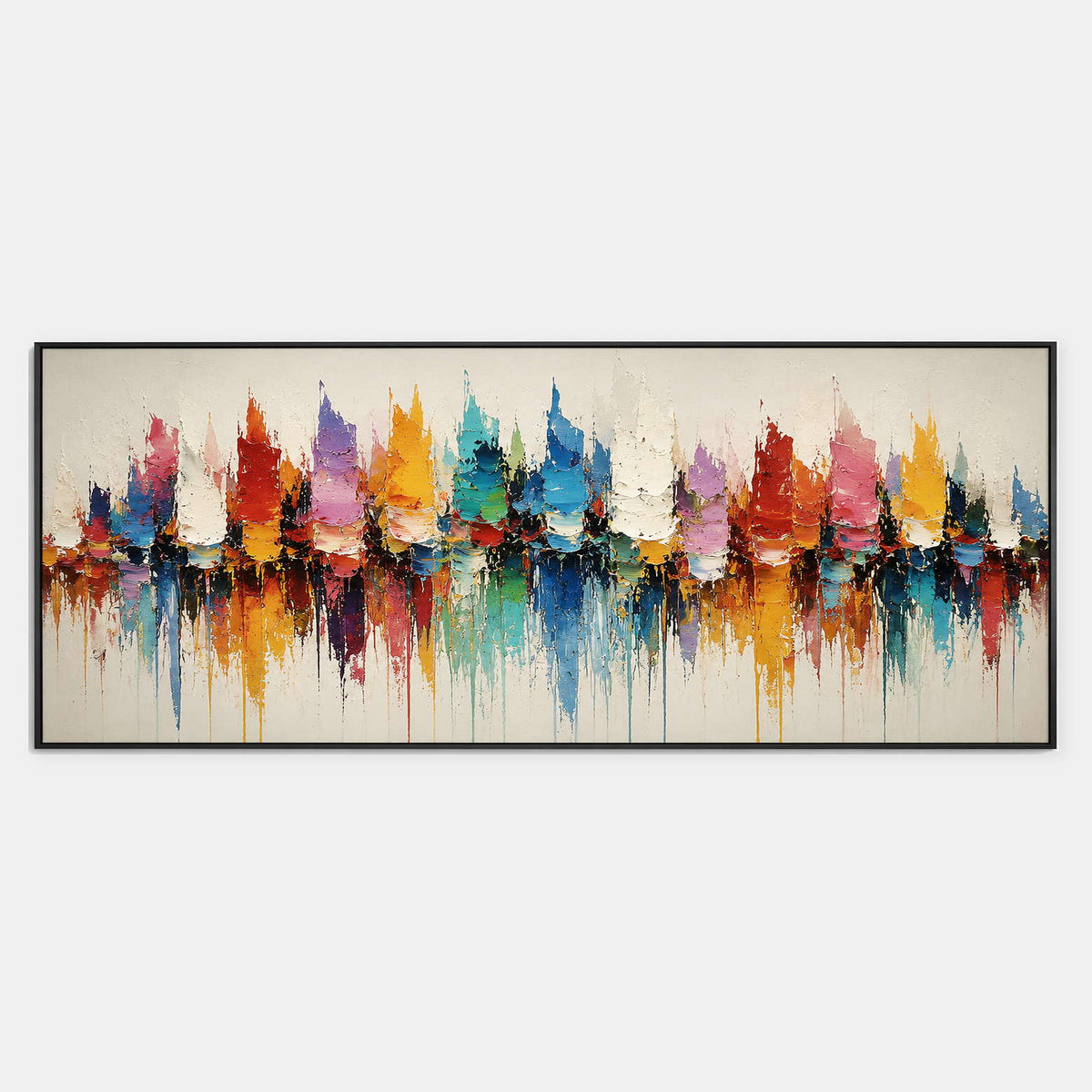 Hand-painted textured cityscape wall art in multicolor, blue, and warm tones.
