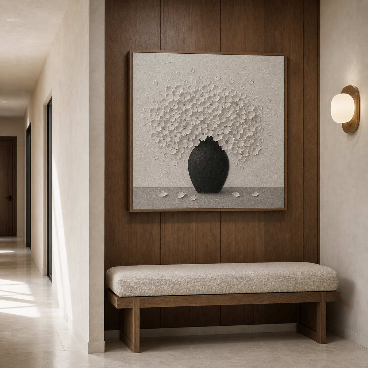 Textured white floral wall art displayed in a residential gallery hallway.