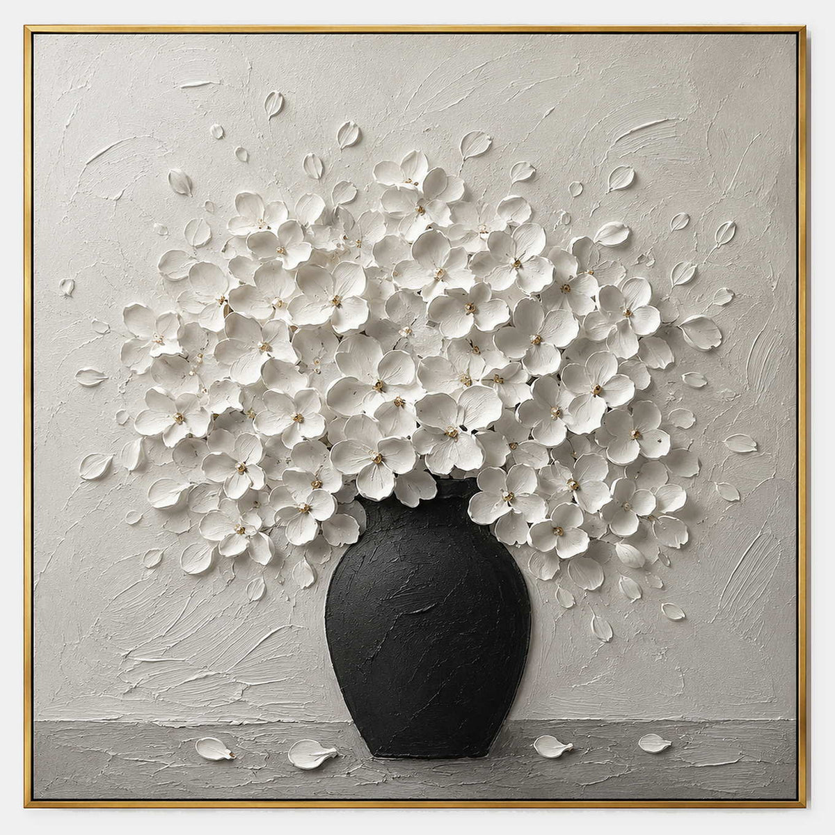 Textured white floral wall art with a matte black vase.