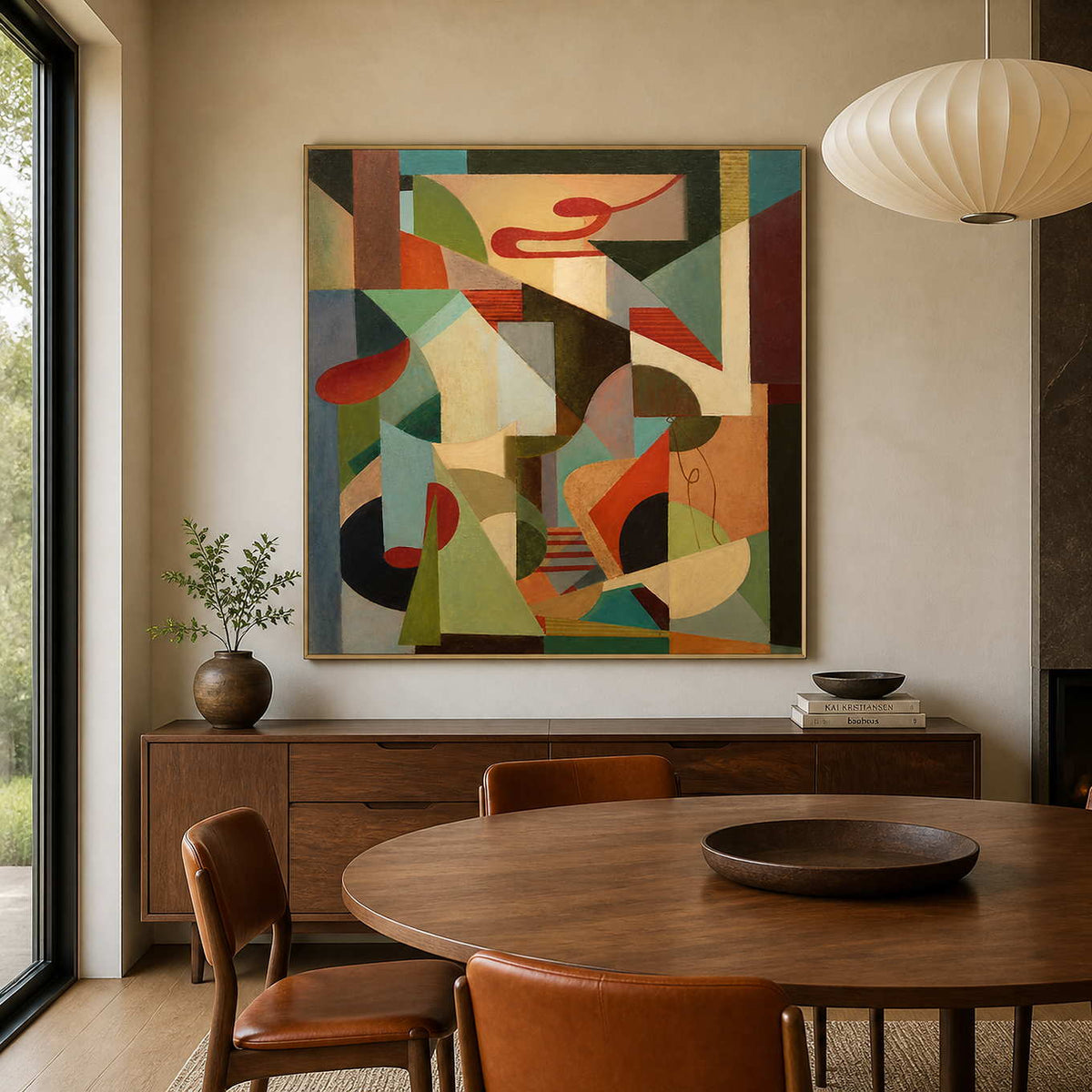 Gold-framed A Colorful Chorus above a wood sideboard beside a round dining table and leather chairs.