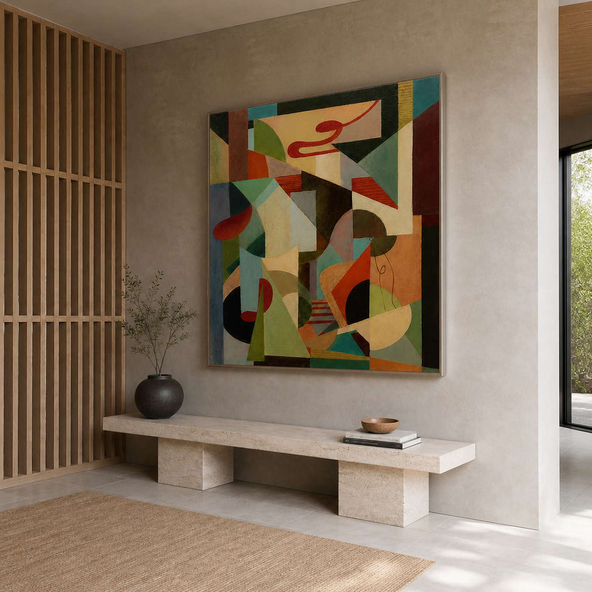 A Colorful Chorus in a silver frame above a pale stone bench beside a wood-slat entryway screen.