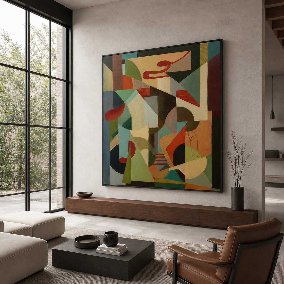 A Colorful Chorus in a black frame above a long wood display bench in a bright gallery lounge.