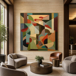 Gold-framed square geometric artwork above a grouping of neutral lounge chairs in a hotel sitting area.