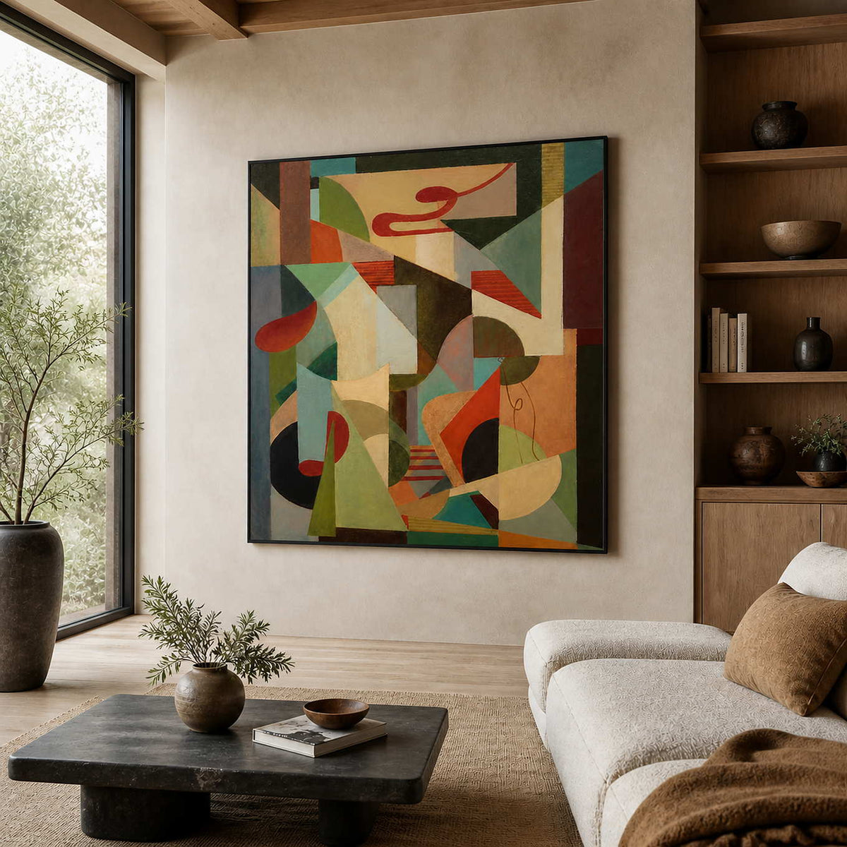 A Colorful Chorus in a black frame above a cream sofa, with geometric green, blue, and ochre forms in a bright living room.