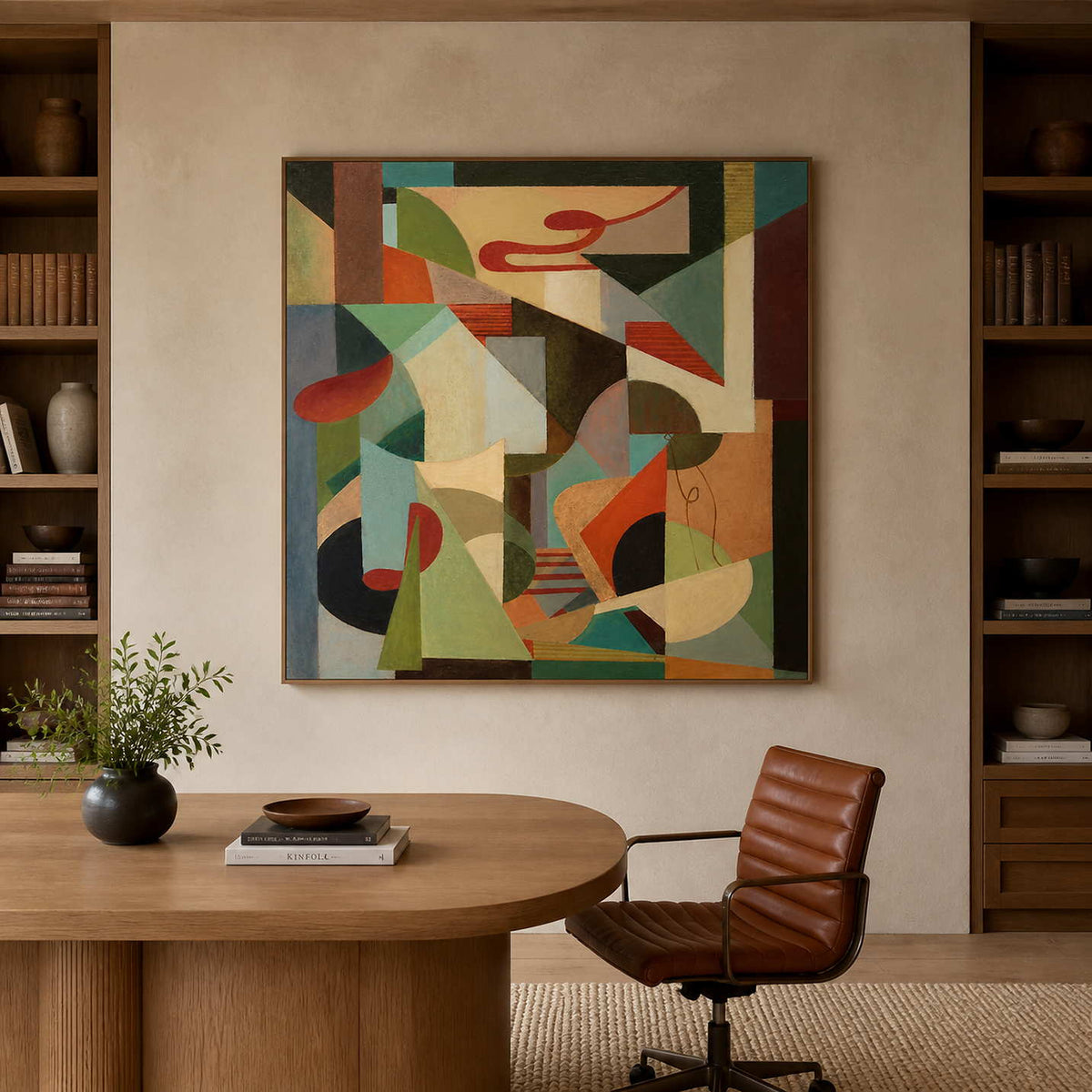 Wood-framed A Colorful Chorus between bookshelves in a home office with a round desk and leather chair.