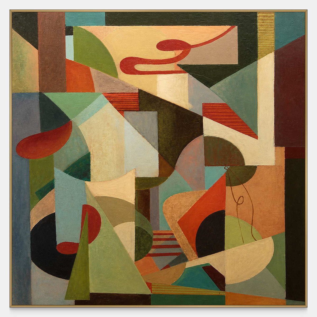 A Colorful Chorus, a square geometric abstract painting with triangles, circles, red curls, and overlapping muted color blocks.