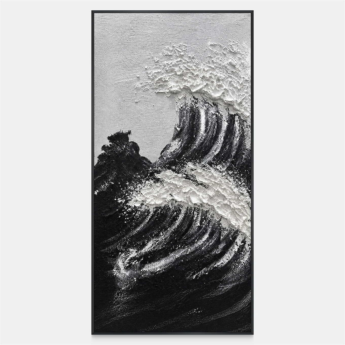 Tall coastal painting with dark rising swells and clustered white foam beneath pale gray space.