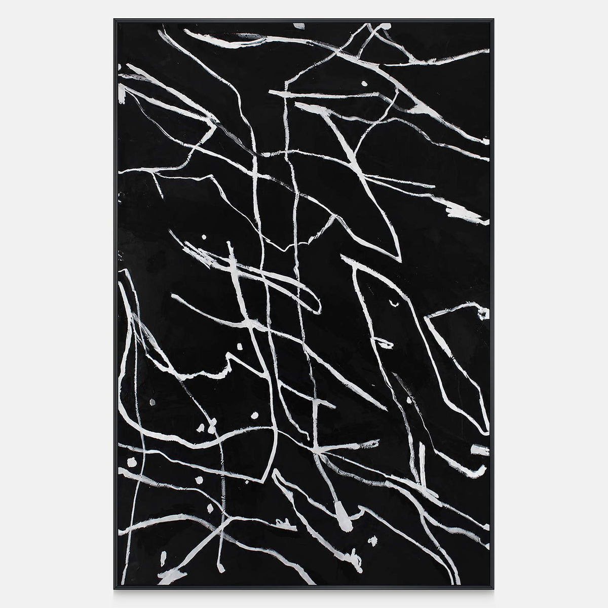 Vertical abstract painting with branching white lines over a black ground.