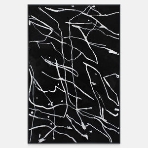Vertical abstract painting with branching white lines over a black ground.