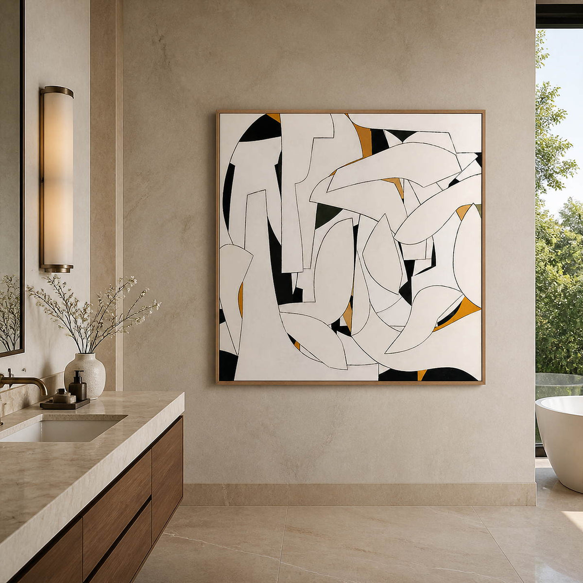 Cream geometric painting beside a bathroom counter and wall light.