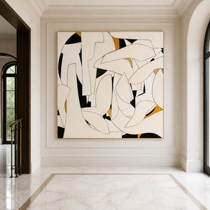 Outlined geometric artwork on a paneled wall beside a hallway arch.