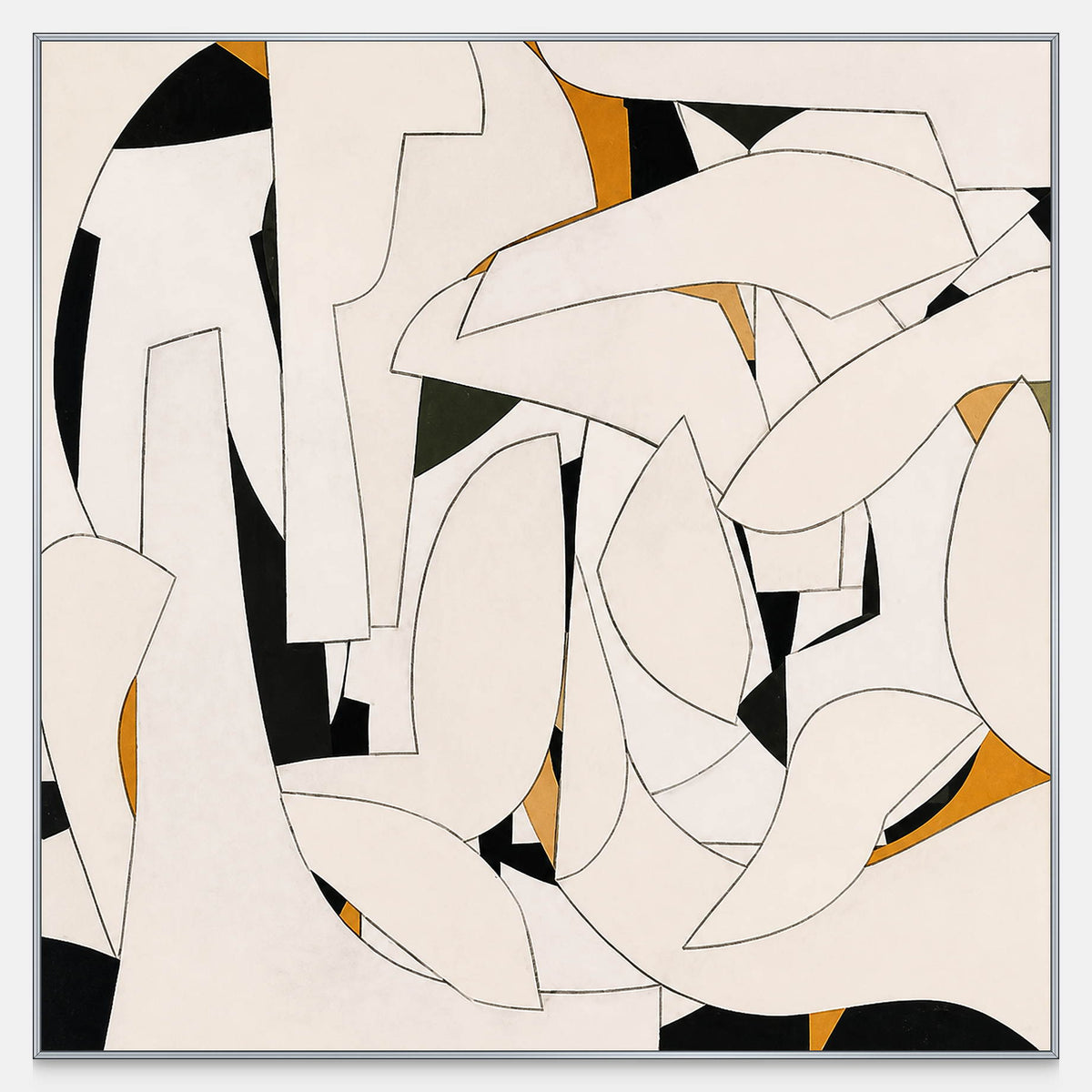 Square geometric abstract with outlined cream shapes overlapping black, dark green, and mustard areas.