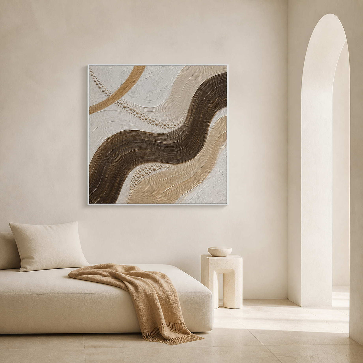 Dark brown current through sand and ivory wall art in a contemporary bedroom.