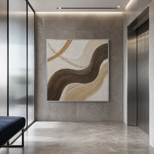 Dark brown current through sand and ivory wall art in a contemporary commercial lobby.