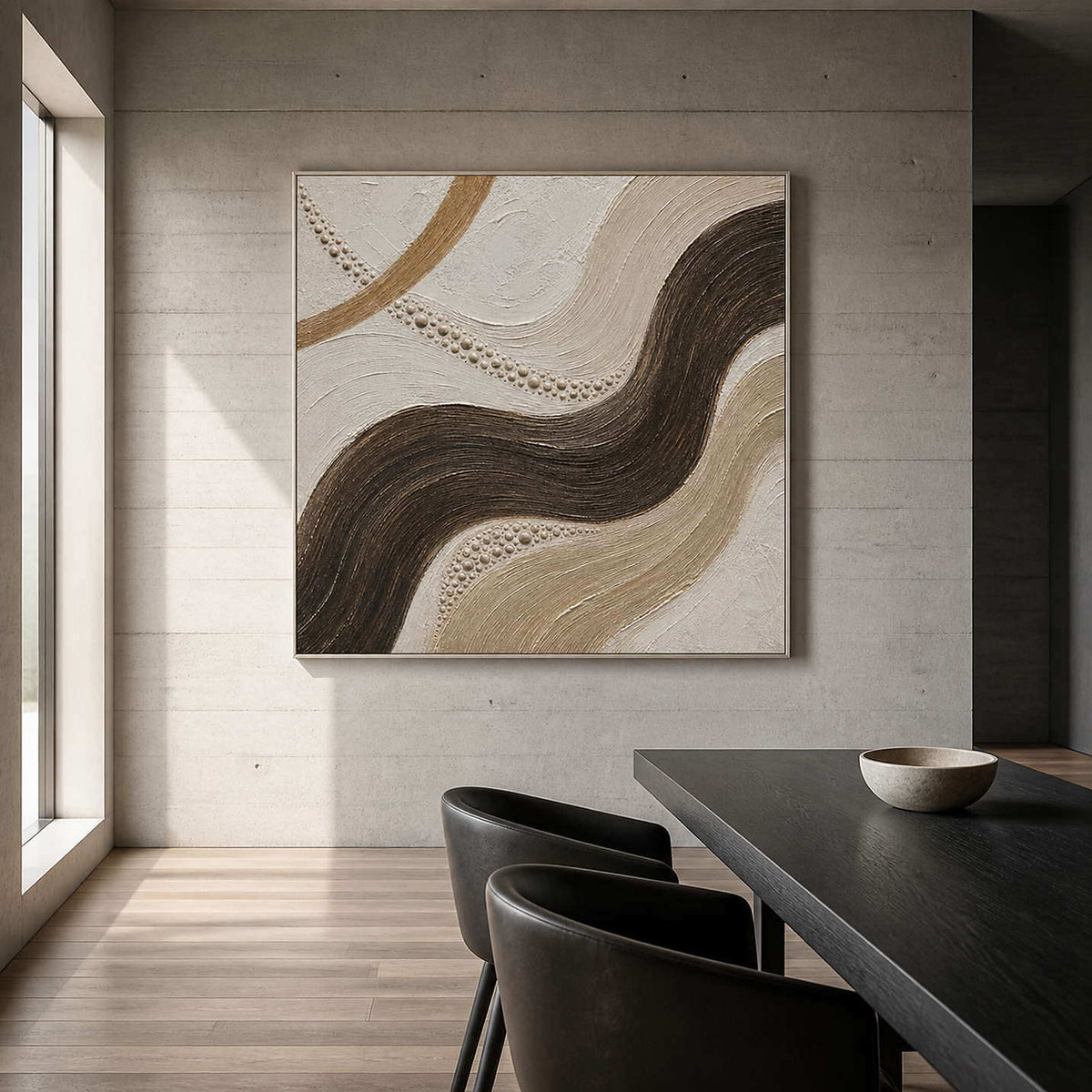Dark brown current through sand and ivory wall art in a contemporary dining room.