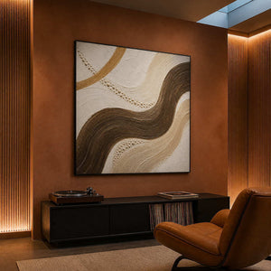 Dark brown current through sand and ivory wall art in a contemporary home office.