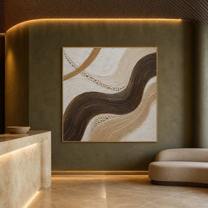 Dark brown current through sand and ivory wall art in a contemporary hospitality lounge.