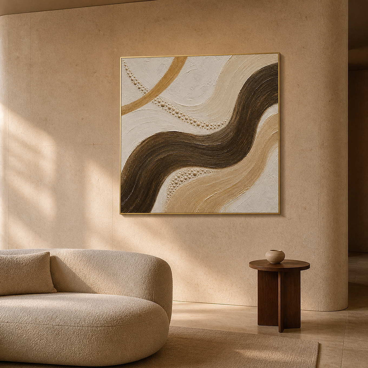 Dark brown current through sand and ivory wall art in a contemporary living room.