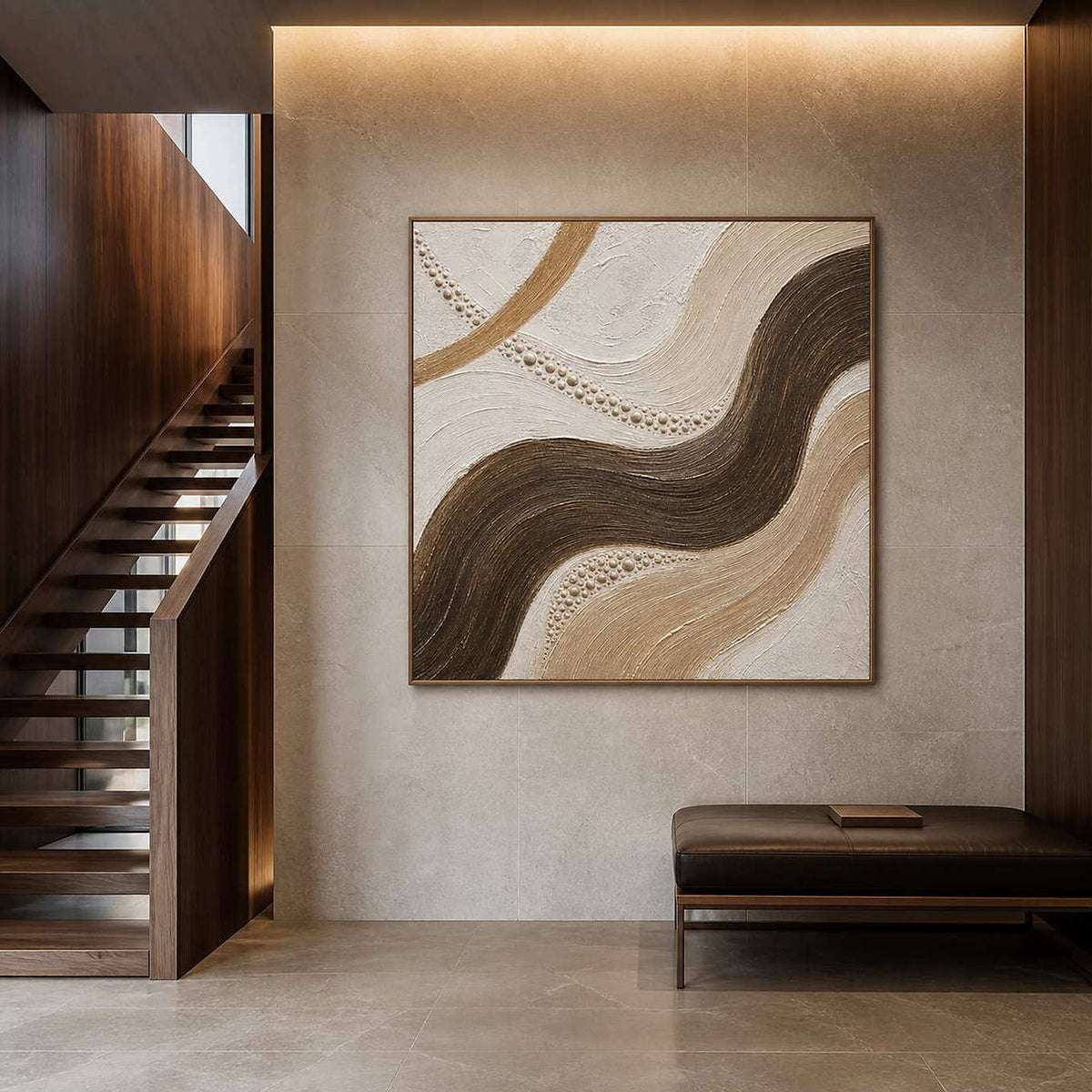 Dark brown current through sand and ivory wall art in a contemporary stair hall.