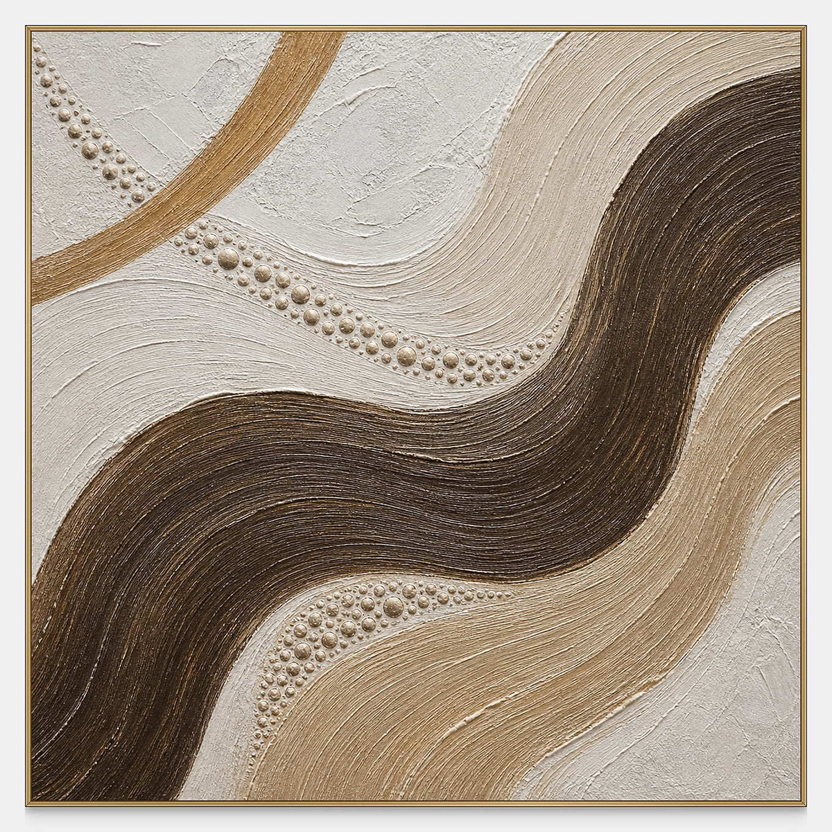 Hand-painted dark brown current through sand and ivory canvas with raised texture.
