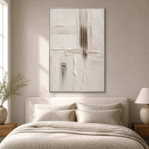 Quiet vertical textured canvas displayed above an ivory bed.