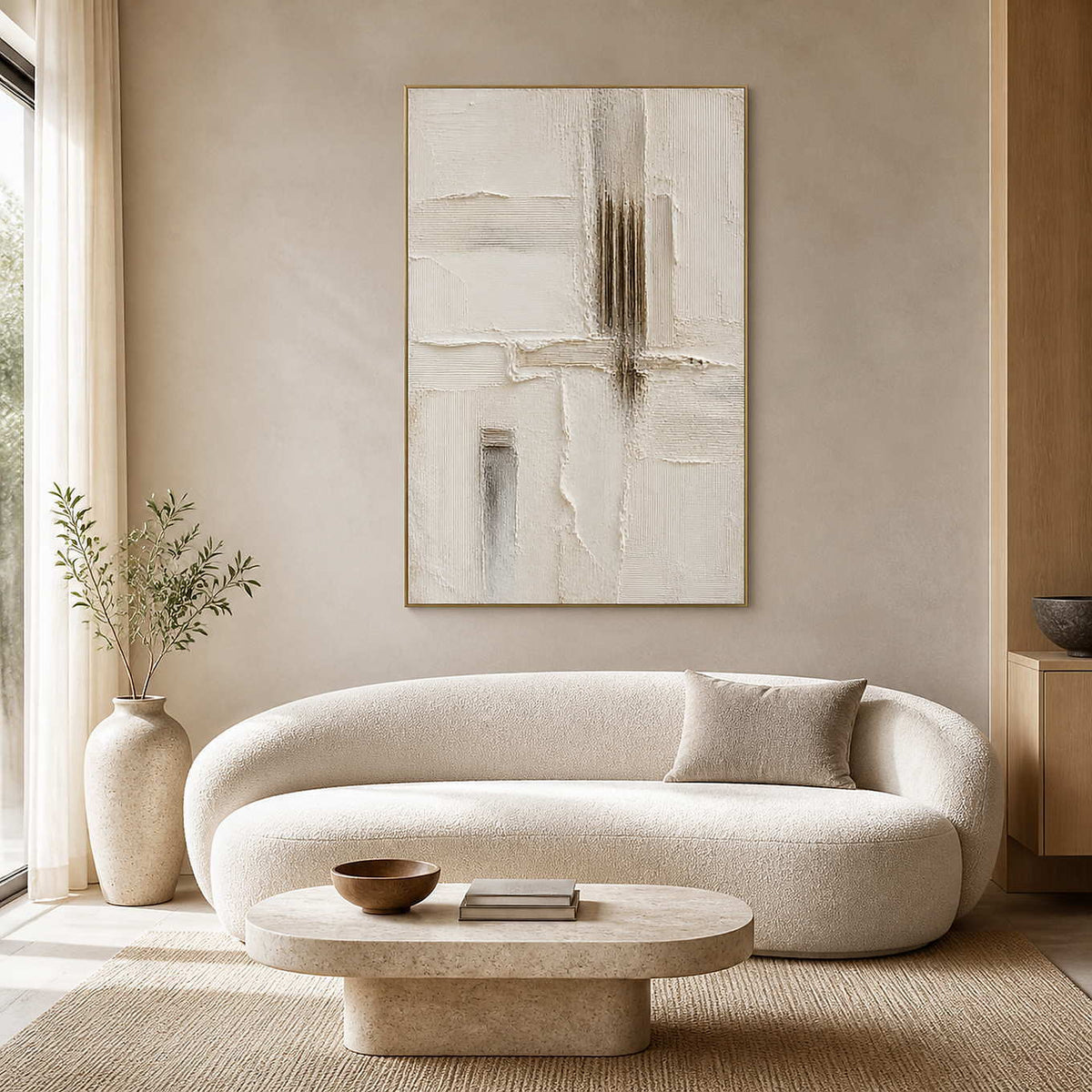 Ivory textured minimalist wall art in a warm contemporary living room.