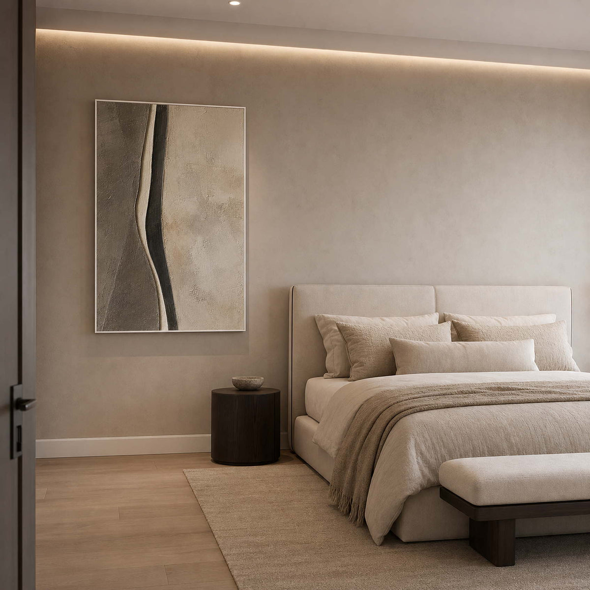 Minimalist Abstract Wall Art displayed in a refined bedroom.