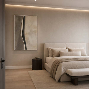 Minimalist Abstract Wall Art displayed in a refined bedroom.