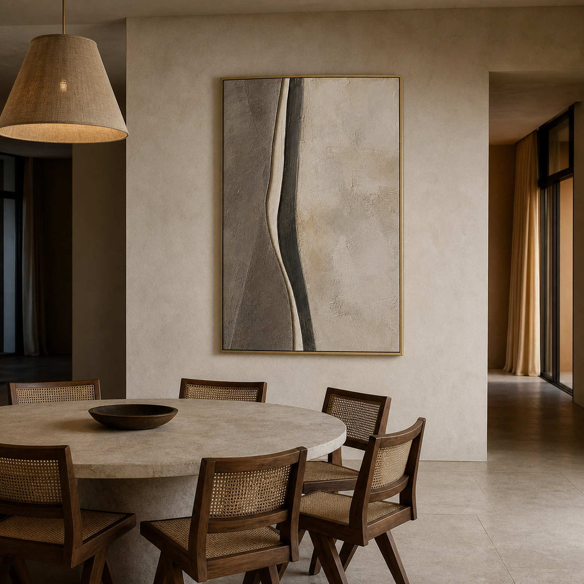 Minimalist Abstract Wall Art displayed in a refined dining room.
