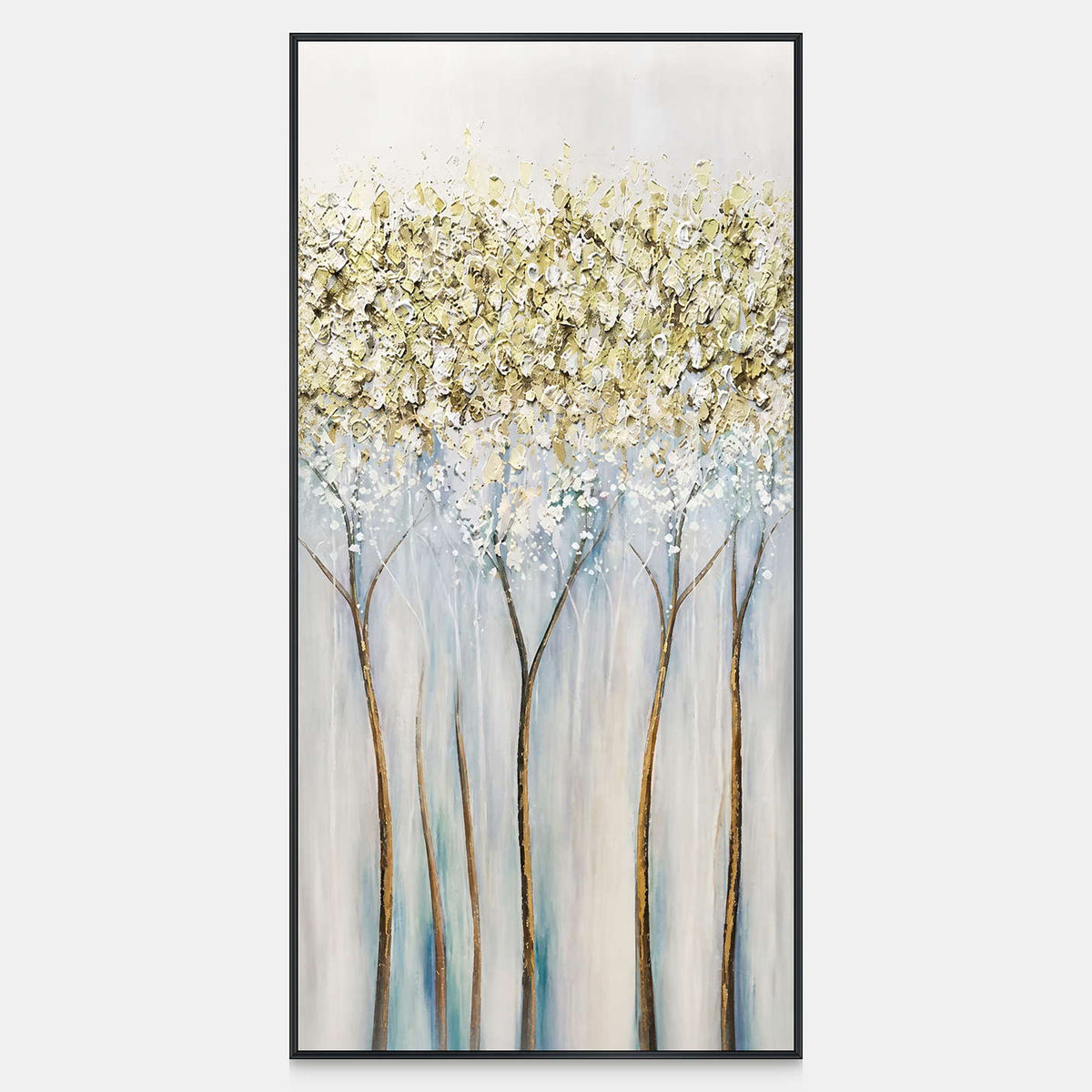 Tall tree painting with slender trunks and textured cream leaves against pale blue-gray space.