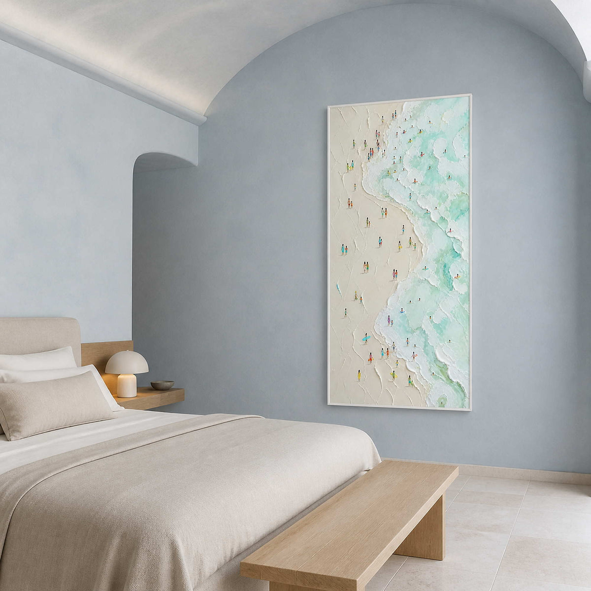 Vertical coastal wall art styled in a soft blue arched bedroom.