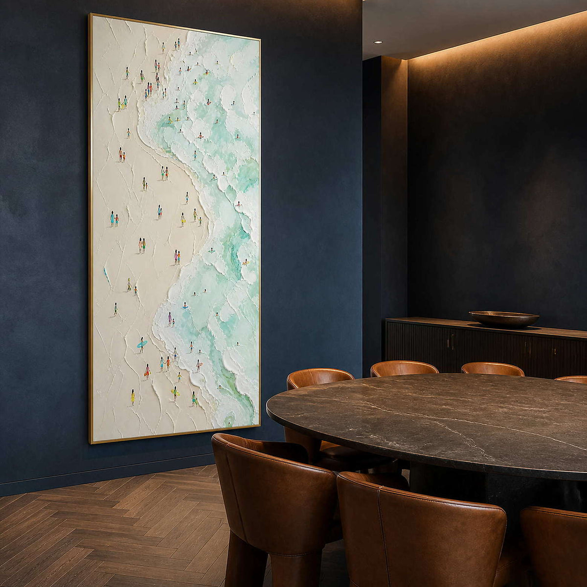 Mint and ivory coastal painting displayed in a navy dining room.