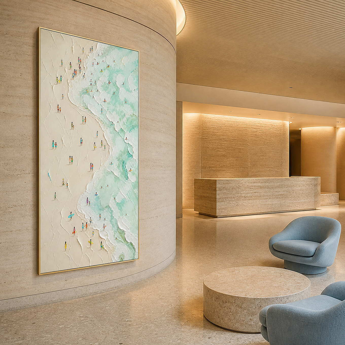 Textured shoreline painting in a sandstone coastal resort lobby.
