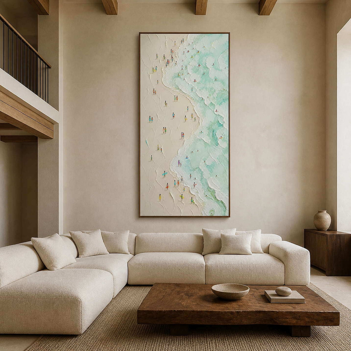 Tall textured coastal wall art in a warm double-height living room.