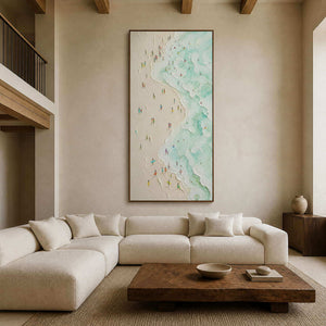 Tall textured coastal wall art in a warm double-height living room.