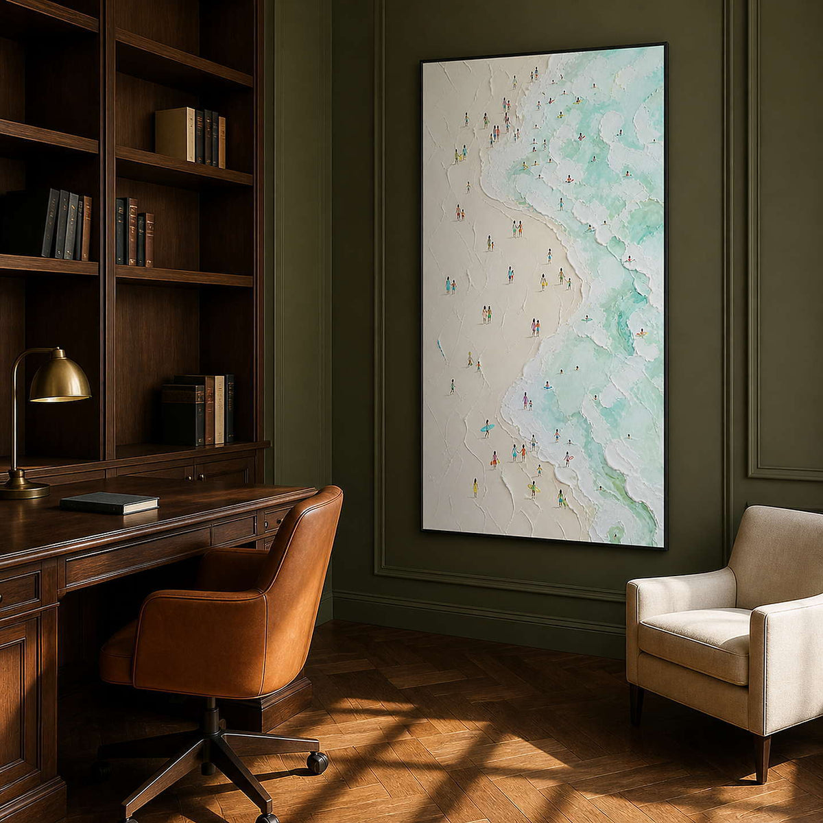 Textured beach scene bringing fresh contrast to an olive home office.