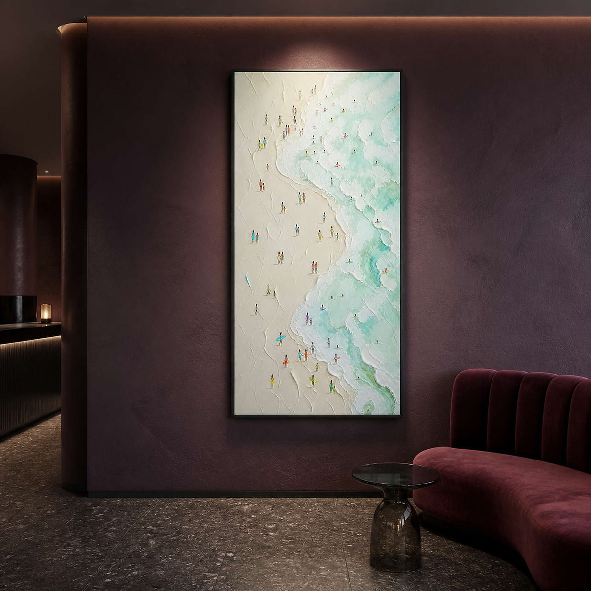 Mint coastal wall art styled in a deep burgundy spa lounge.
