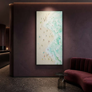 Mint coastal wall art styled in a deep burgundy spa lounge.