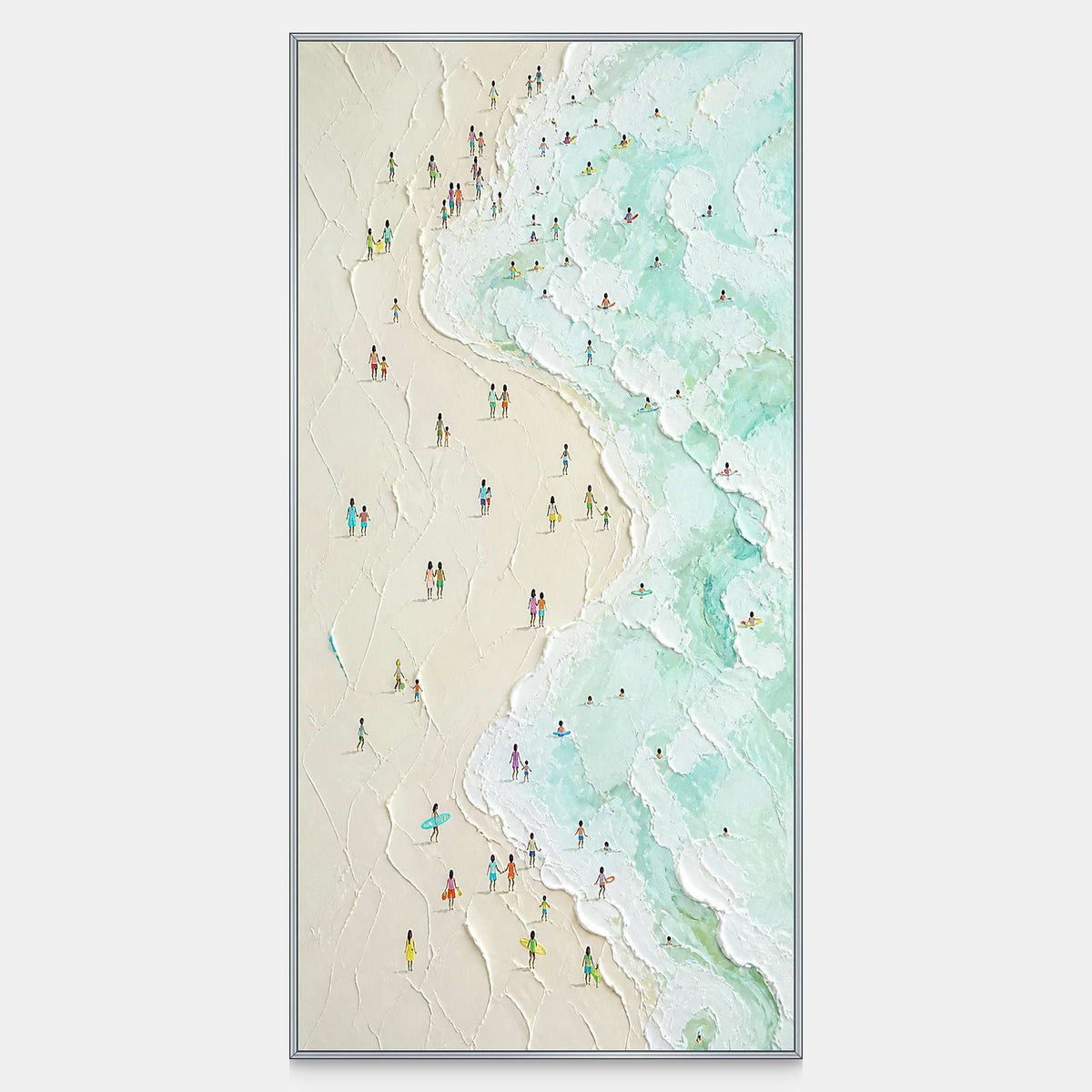 Hand-painted aerial shoreline canvas with mint surf and tiny beachgoers.