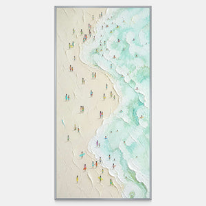 Hand-painted aerial shoreline canvas with mint surf and tiny beachgoers.