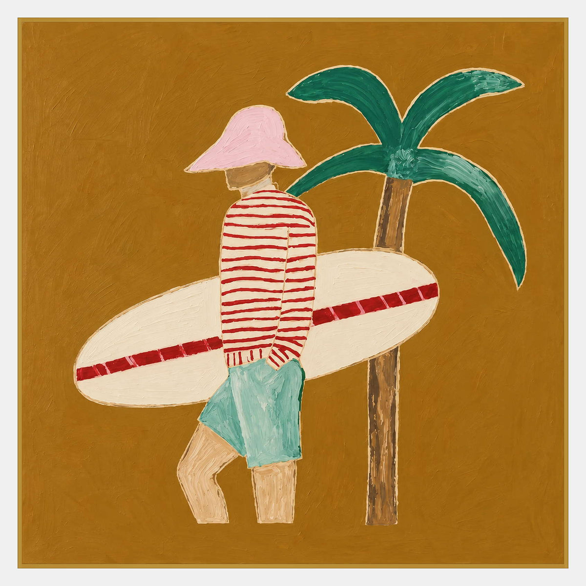 Figure in a pink hat, red-striped top, and aqua shorts beside a cream surfboard and green palm on ochre.