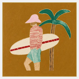 Figure in a pink hat, red-striped top, and aqua shorts beside a cream surfboard and green palm on ochre.