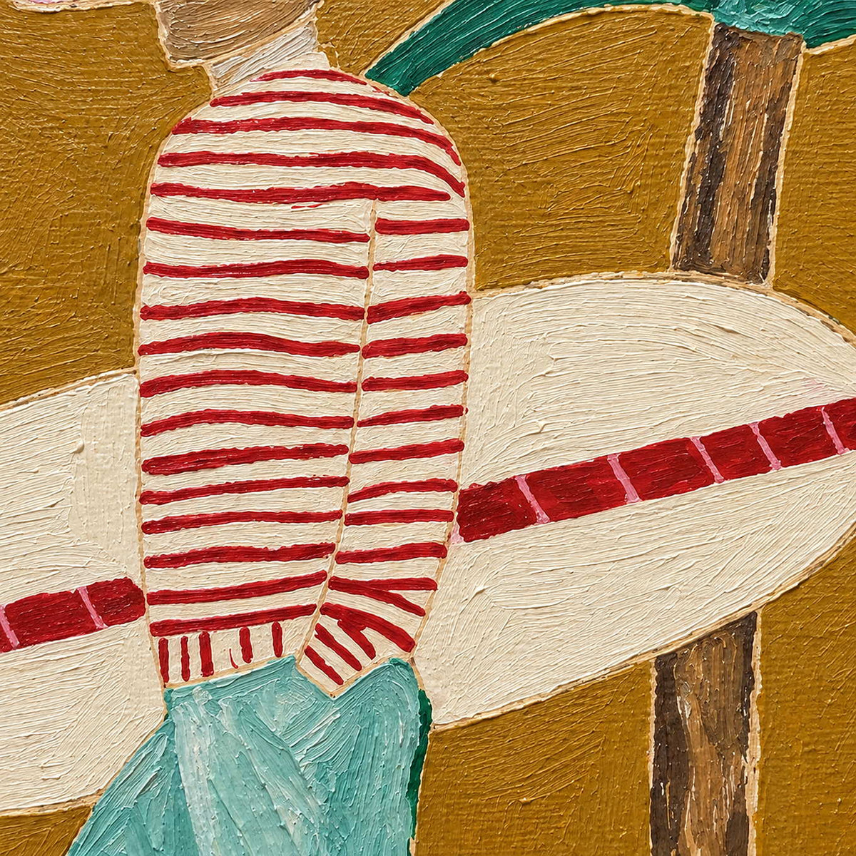 Detail of the red-striped shirt, aqua shorts, cream surfboard, and brown palm trunk on ochre.