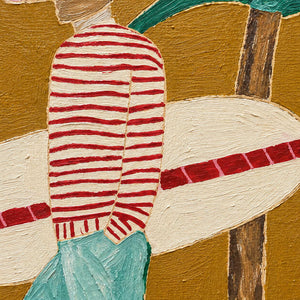 Detail of the red-striped shirt, aqua shorts, cream surfboard, and brown palm trunk on ochre.
